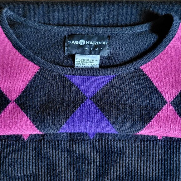 Sag Harbor Womans Black Pink Purple Harlequin Graphic Pullover Short Sleeve Shir - Picture 10 of 12